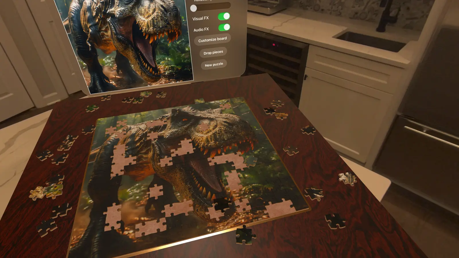 A dinosaur puzzle partly assembled on a wood board in Apple Vision Pro, with the settings panel above it