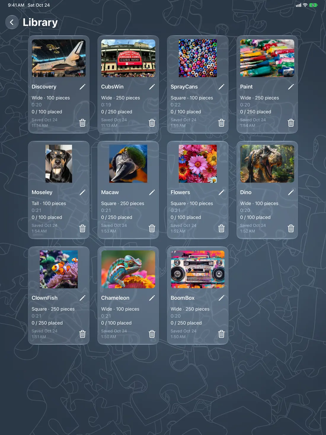The Real Puzzler Library on iPad, showing saved puzzles as cards with their piece counts