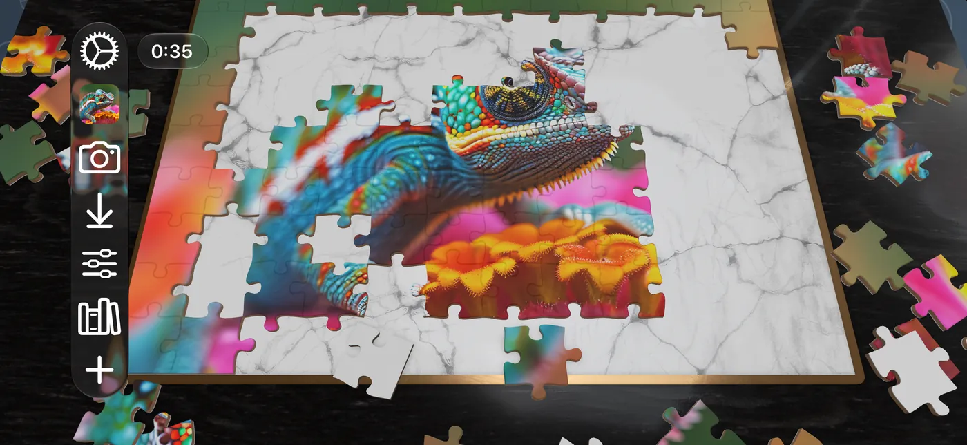 A chameleon puzzle partly assembled on iPhone in landscape, on a marble board