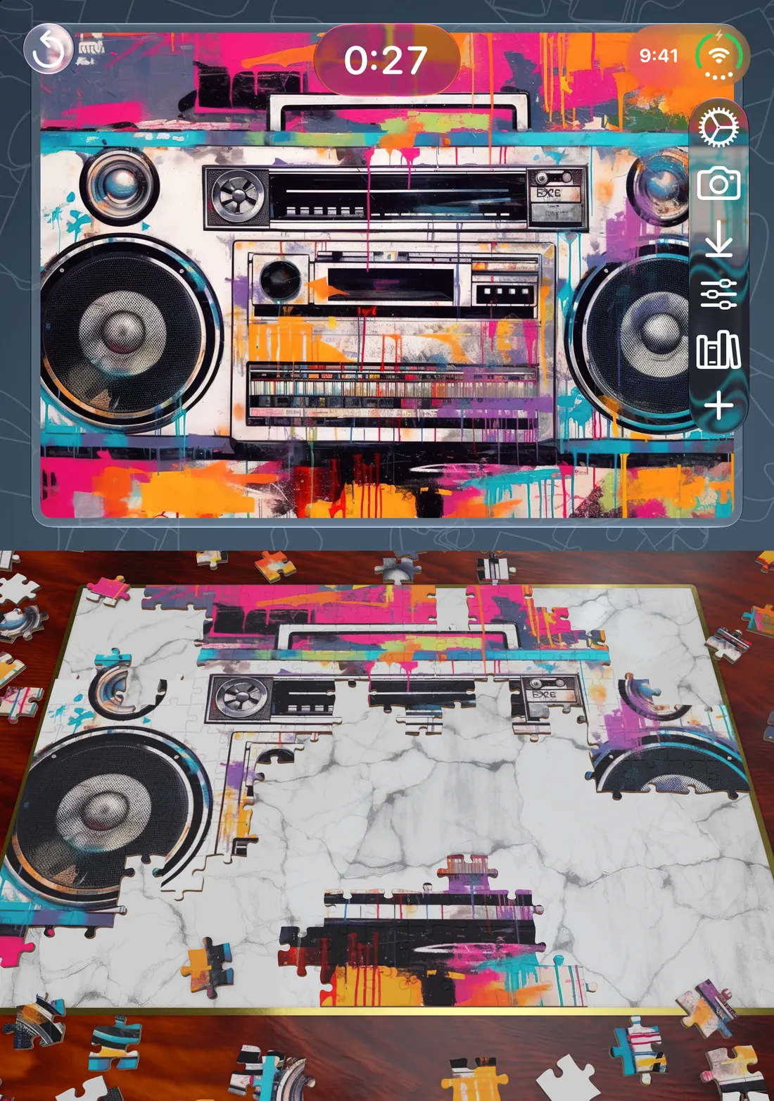 A boombox puzzle on iPhone Duo in laptop mode, with the picture on the top screen and the board on the bottom screen