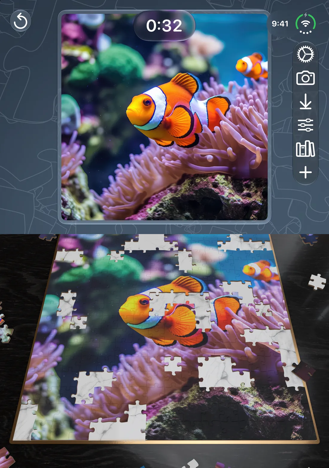 A clownfish puzzle on iPhone Duo in laptop mode, with the picture on the top screen and the board on the bottom screen