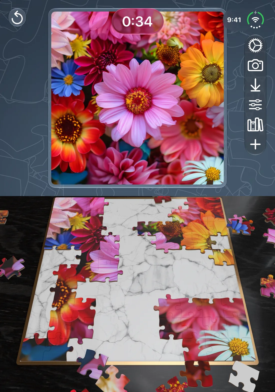 A flower puzzle on iPhone Duo in laptop mode, with the picture on the top screen and the board on the bottom screen