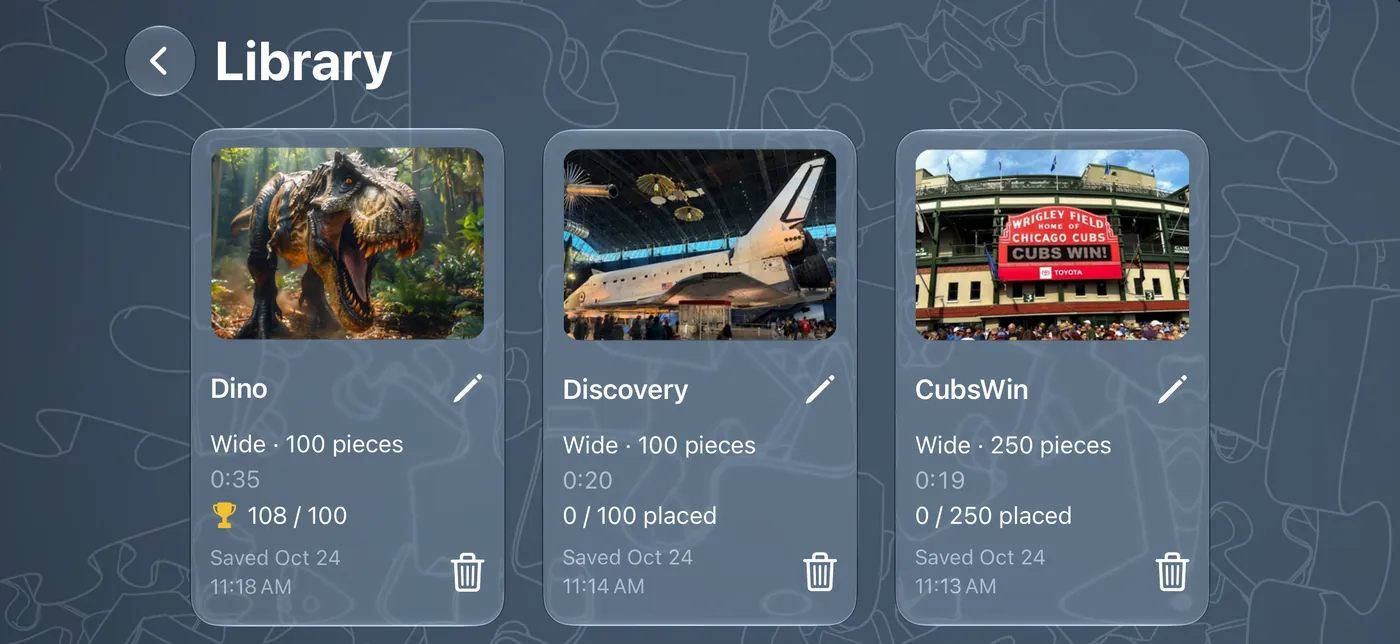 The Real Puzzler Library on iPhone in landscape, showing saved puzzles as cards