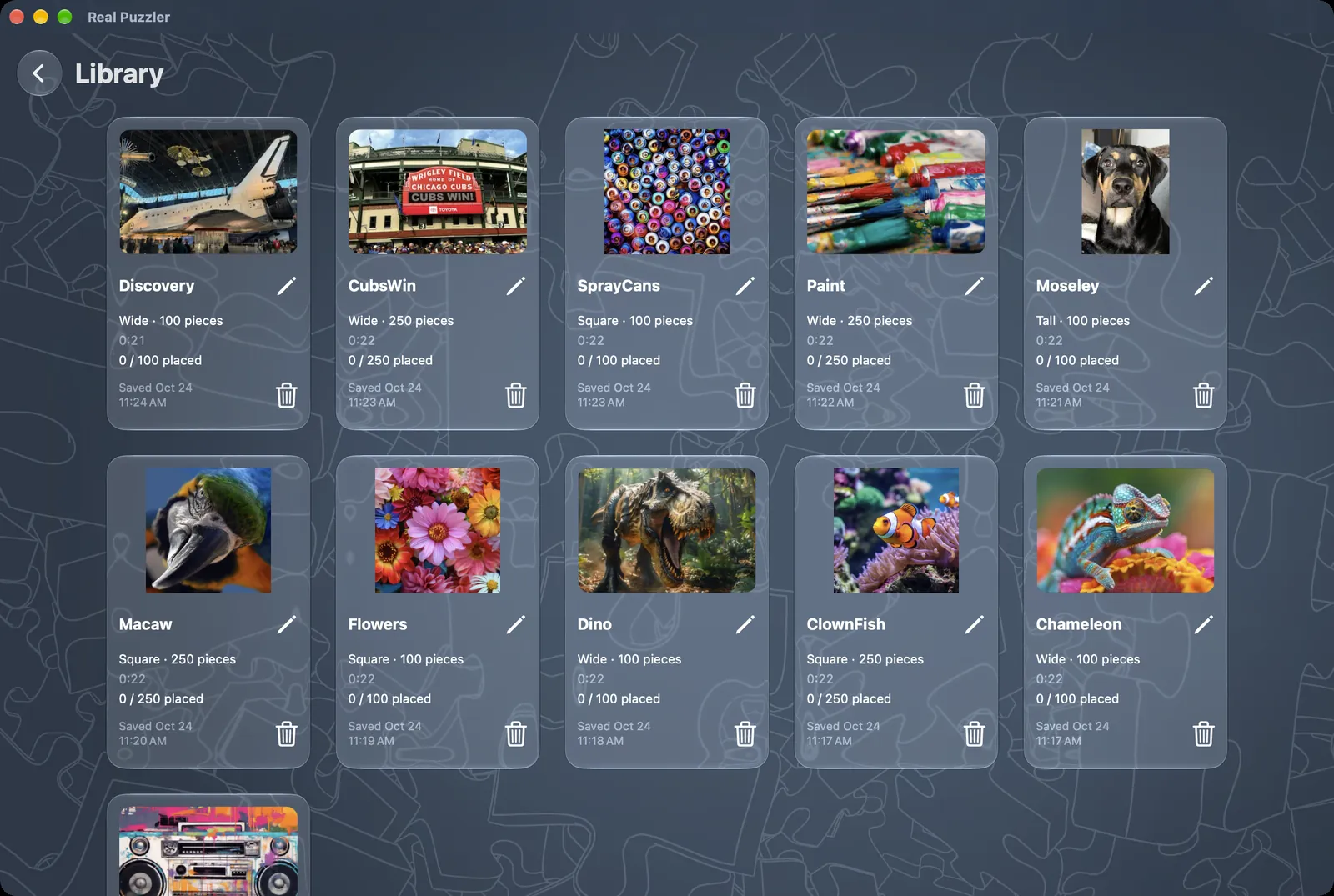 The Real Puzzler Library on Mac, showing saved puzzles as cards